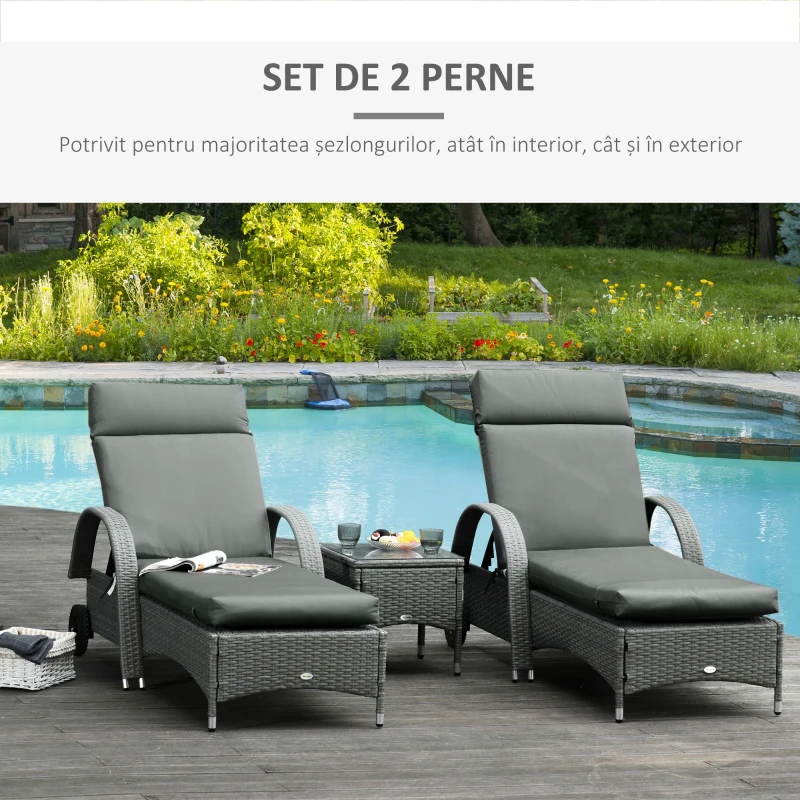 Outsunny Set 2 Perne pentru Șezlonguri de Exterior cu Curele, Perne Umplute cu Bumbac și Poliester, pentru Șezlonguri sau Fotolii de Grădină, 196x55x8 cm, Gri Închis