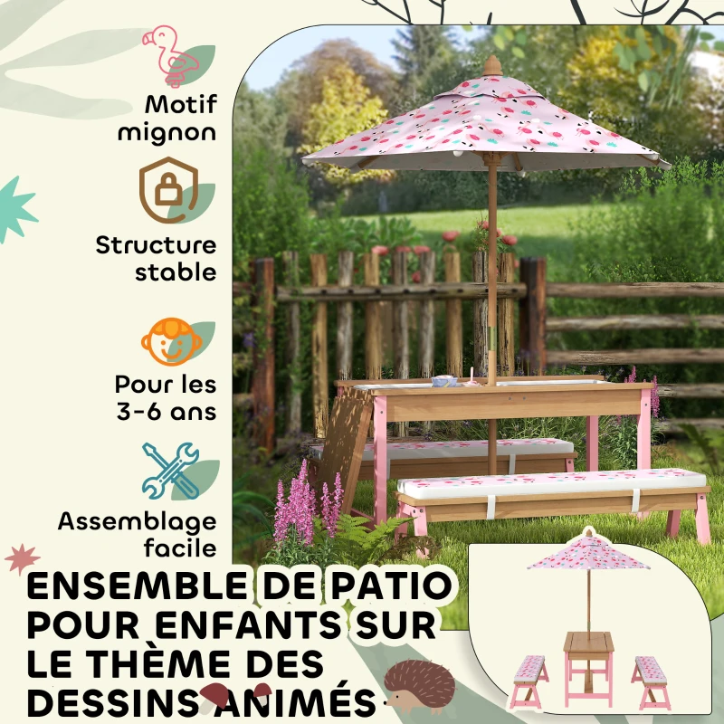 AIYAPLAY Table pique-nique enfant avec bancs, coussins, parasol pliable, boîtes de rangement amovibles, motif à flamant, rose