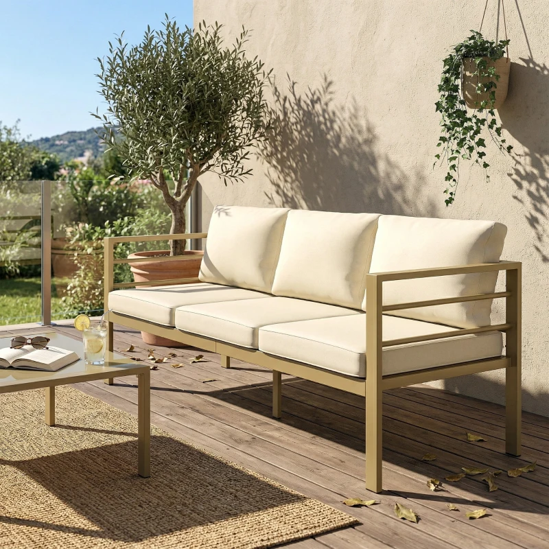 Outsunny Garden Bench with Cushions, 3-Seater Sofa with Backrest, Armrest and Back Cushions, 185 x 66 x 64cm, Cream White