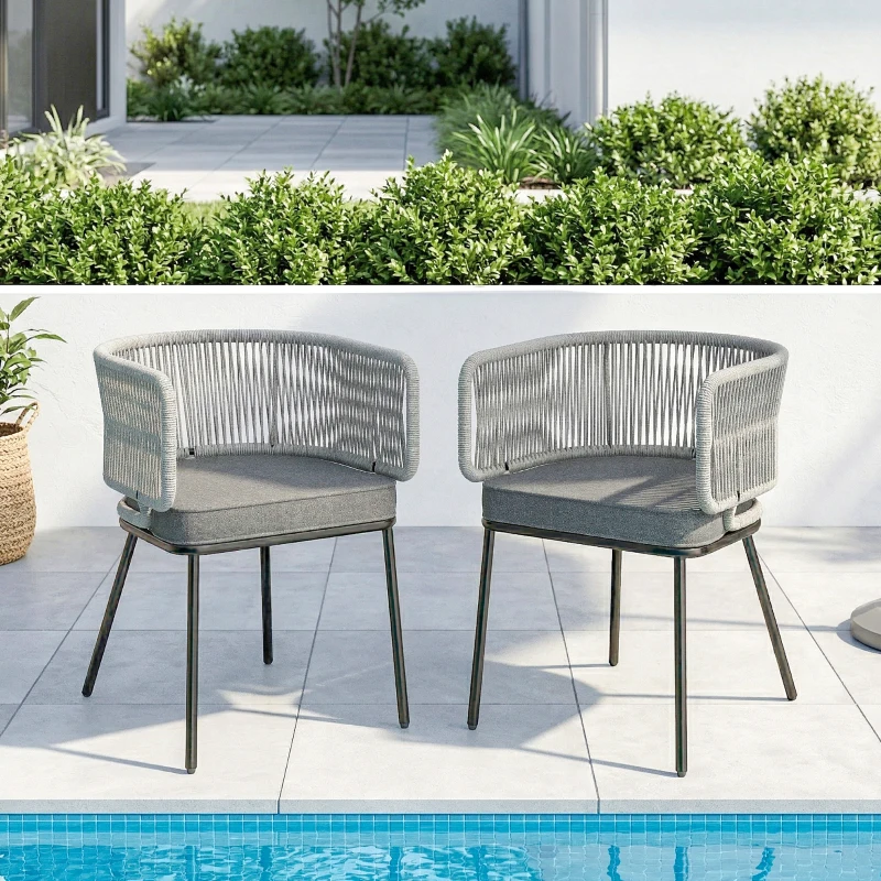 Outsunny Conjunto de 2 Cadeiras de Jardim em Vime Sintético com Almofadas Apoios de Braços e Estrutura de Aço 55x57x75 cm Cinzento Claro