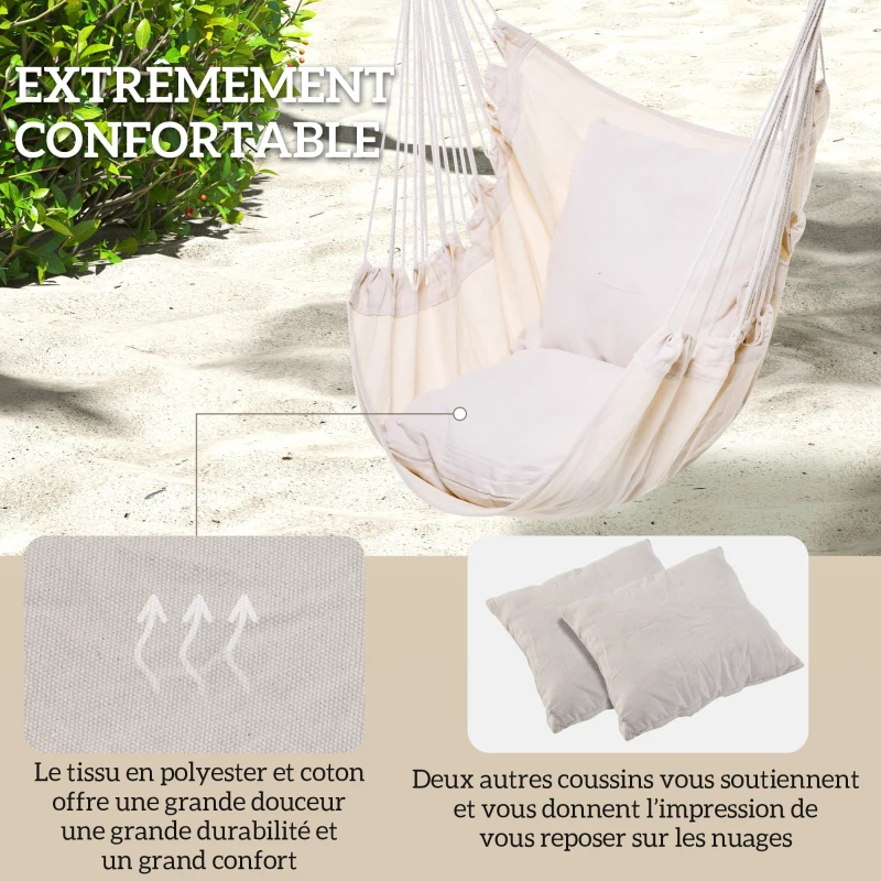 Outsunny Fauteuil suspendu extérieur chaise hamac avec 2 coussins, intérieur et extérieur, en tissu coton mélangé, crème