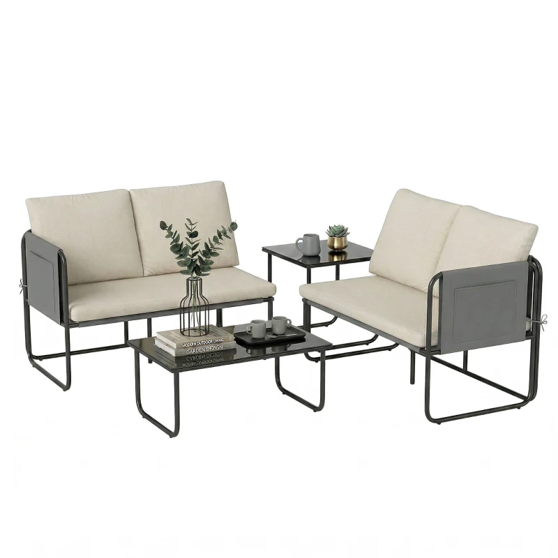 Outsunny Set Mobilier Grădină Exterior 4 Piese cu 2 Canapele 2 Locuri 2 Mese din Sticlă Perne Huse Detașabile și Buzunare Kaki