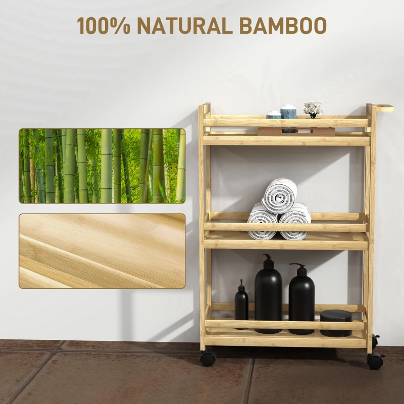 HOMCOM Rollwagen für Badezimmer & Küche, 3 Ebenen, 100% Bambus, wasserfest