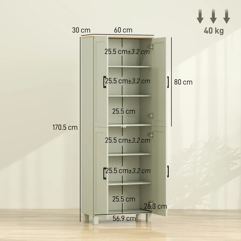 HOMCOM Freestanding Kitchen Cupboard, 4-Door Storage Cabinet with Adjustable Shelves, Modern Kitchen Pantry, 170cm, Green