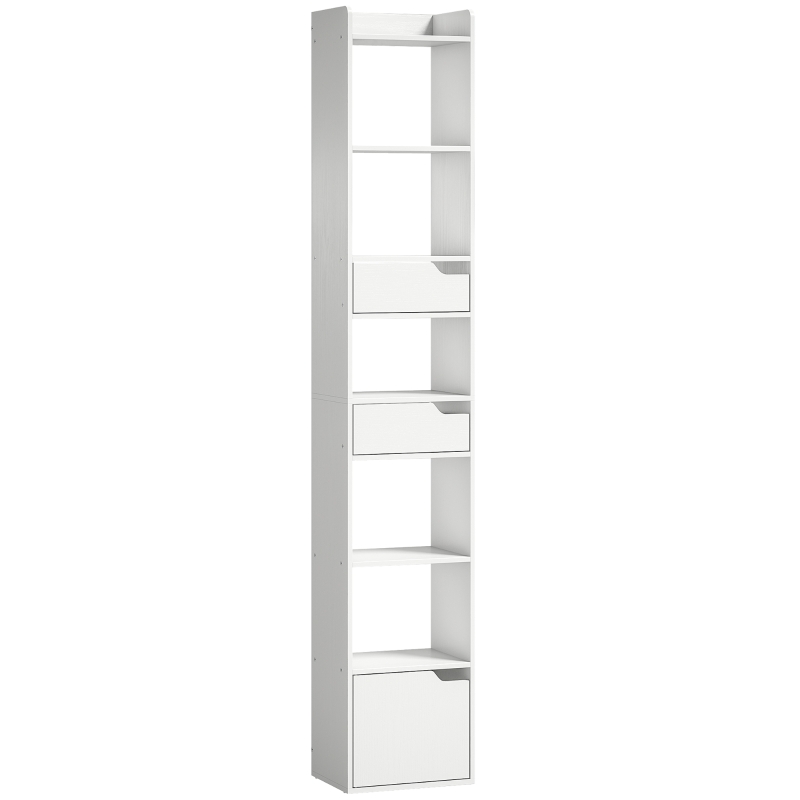 HOMCOM Bibliothèque étagère de rangement étroite, 32x24x181,5cm avec porte 2 tiroirs compartiments ouverts, blanc