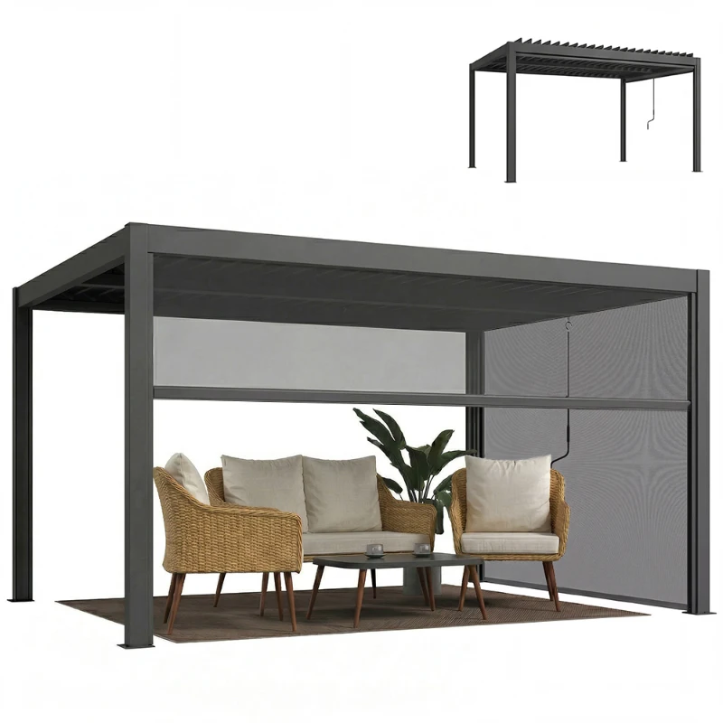 Outsunny Pergola bioclimatique 4x3m, pergola aluminium avec lames orientables, manivelle, stores latéraux coupe-vent, gris foncé