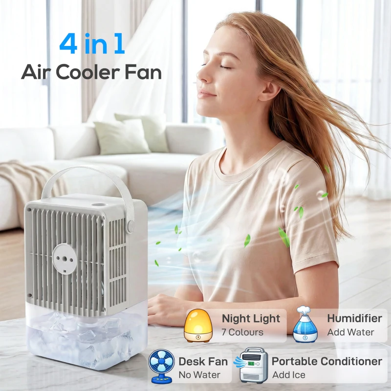 HOMCOM Portable Air Conditioner, 4-in-1 Mini Air Cooler with 3 Wind Speed, 2 Mist Mode, 7 Colour RGB Light, White