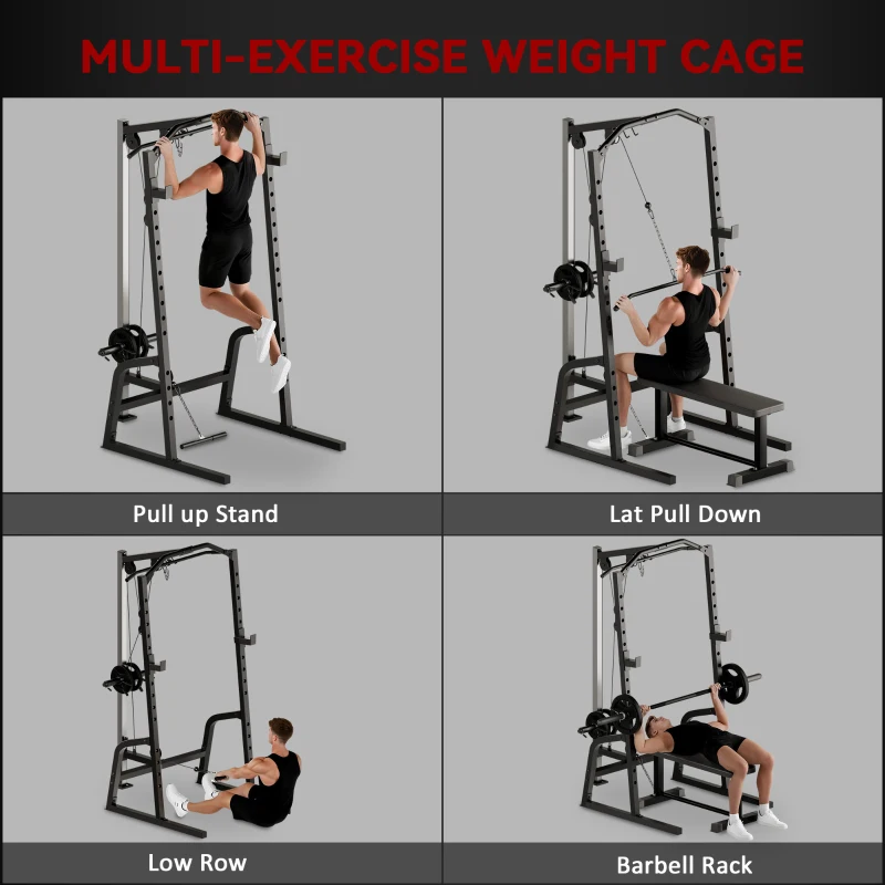 SPORTNOW Power Cage Power Rack with 15-Level Squat Rack, Cable Pulley System, Lat Pulldown & Pull Up Bar