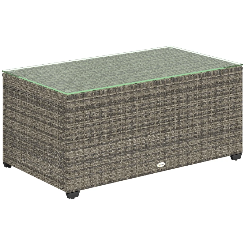 Outsunny Table basse de jardin, table d'appoint en résine tressée avec plateau en verre trempé, 90 x 50 x 38 cm, gris foncé