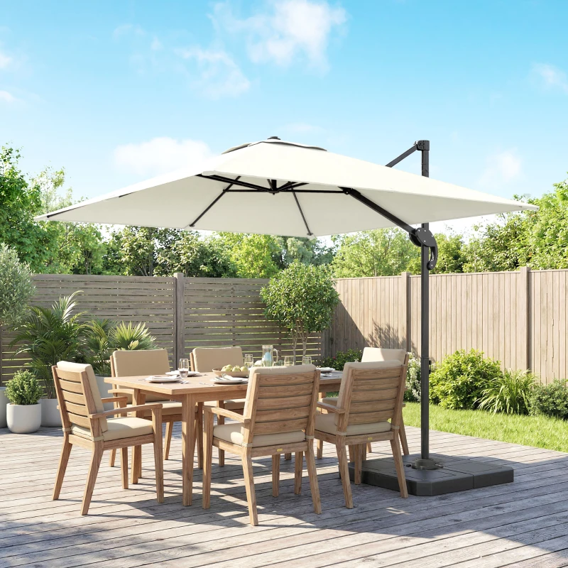 Outsunny 2.4 x 2.4m Cantilever Parasol with Umbrella Weights, UPF50+ Offset Outdoor Umbrella w/ Easy Tilt Adjustment, Cream White