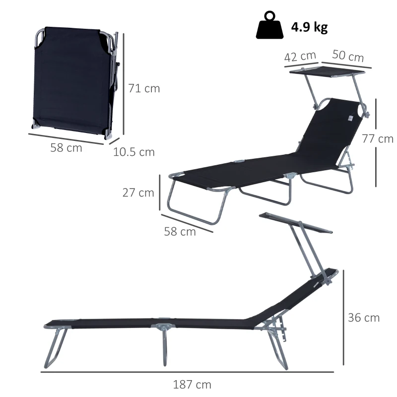 Outsunny Reclining Chair Sun Lounger Folding Lounger Seat with Sun Shade Awning Beach Garden Outdoor Patio Recliner Adjustable (Black)