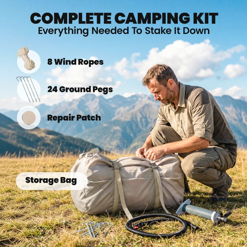 Outsunny Inflatable Camping Tent, 4 Season Hot Tent 10000mm Waterproof with Chimney Opening, Sky Light and Air Pump, Khaki