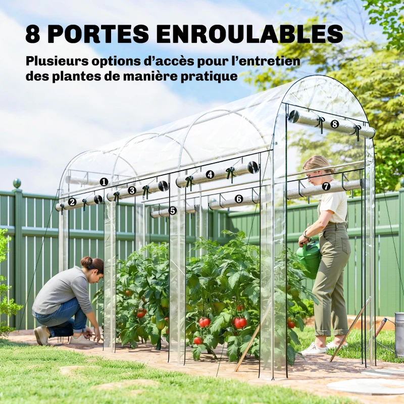 Outsunny Serre tunnel de jardin 3 m², serre de jardin, cadre en acier galvanisé, 8 portes roulantes, 295x100x197cm, transparent