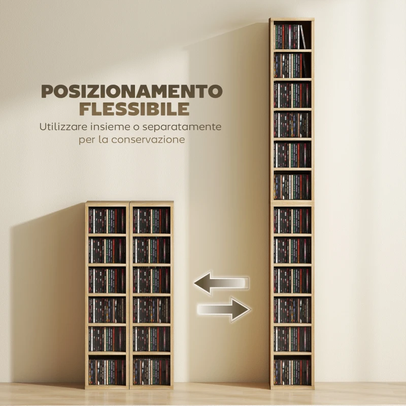 HOMCOM Set 2 Mobili Porta CD con Ripiani Regolabili per 204 CD in Legno, 21x22.5x88.5 cm, Rovere