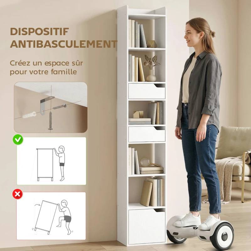 HOMCOM Bibliothèque étagère de rangement étroite, 32x24x181,5cm avec porte 2 tiroirs compartiments ouverts, blanc