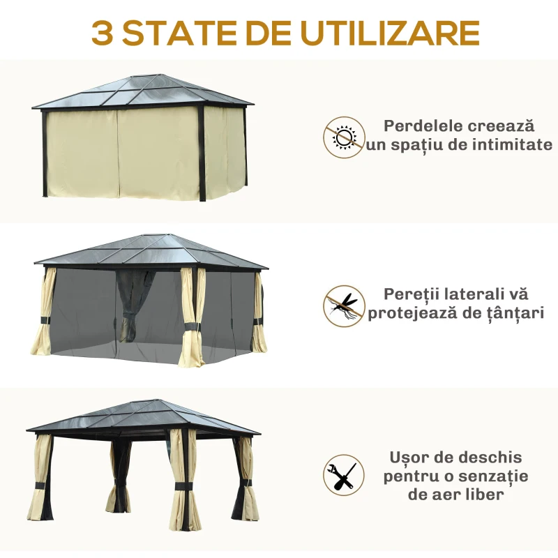 Outsunny Pavilion de grădină Hardtop 4.2 x 3.6 m, Draperii cu plasă împotriva insectelor, Structură din aluminiu, Maro+Crem