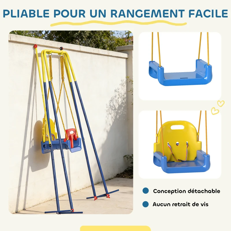 AIYAPLAY Portique Balançoire Enfants 3-en-1, Balançoire Pliable avec Siège Réglable, Intérieur et Extérieur, Multicolore