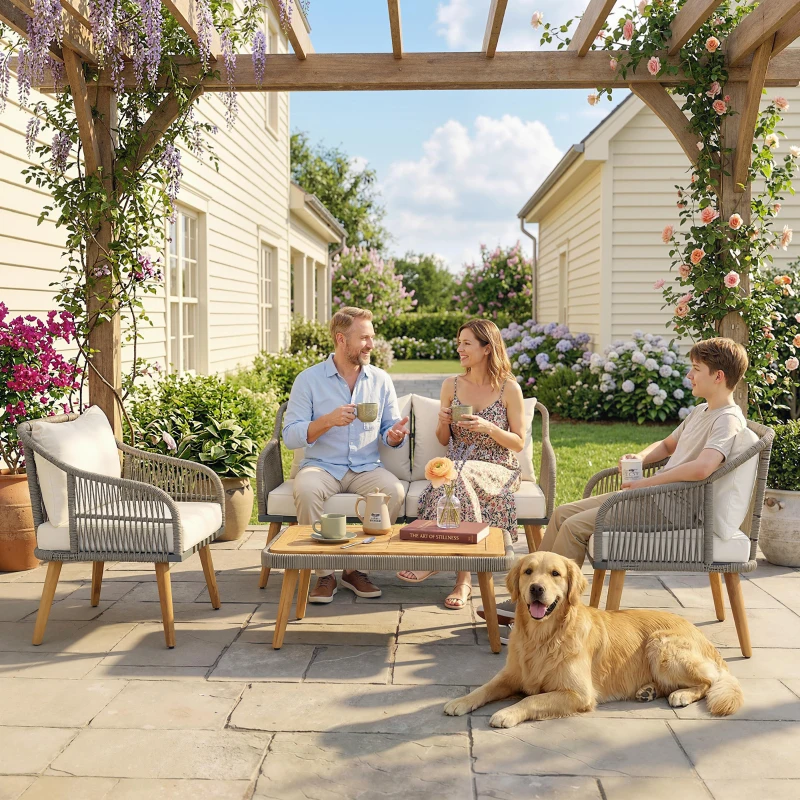 Outsunny 4 Piece Rattan Garden Furniture Set with Loveseat, Armchairs, Wood Table, Wicker Patio Conversation Set, Cream White