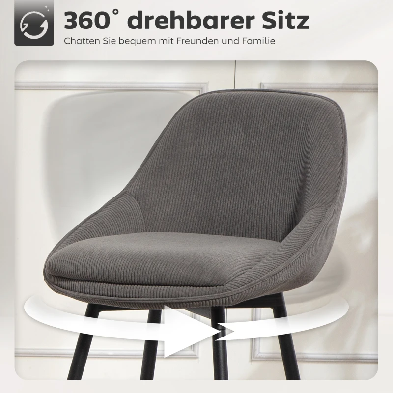 HOMCOM 2er-Set Barstühle mit Cordbezug und Stahlbeinen, Polsterstühle für Kücheninsel, Esszimmer, Grau