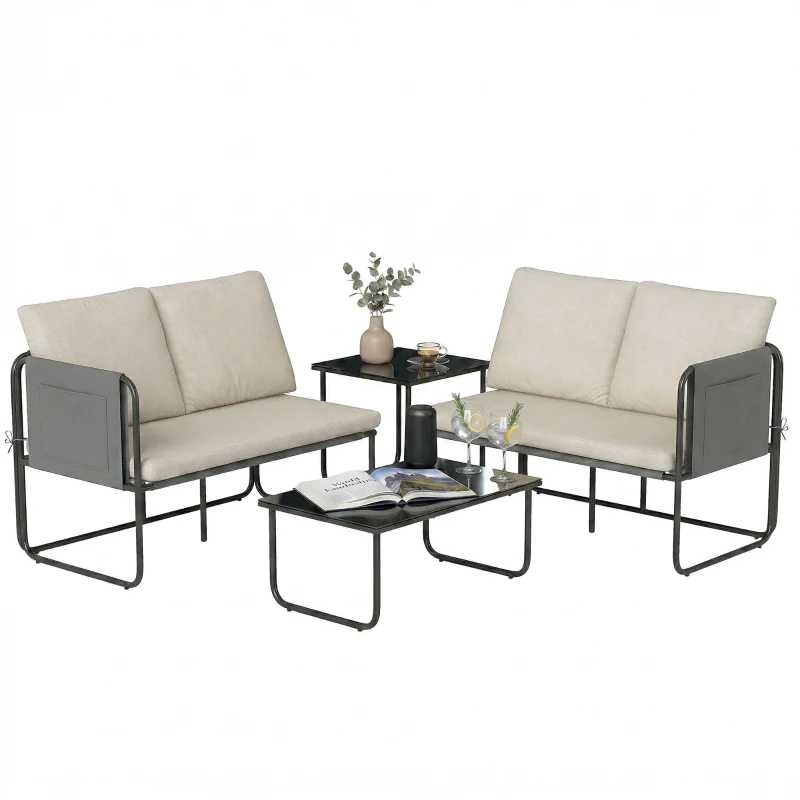 Outsunny Set Mobilier Grădină Exterior 4 Piese cu 2 Canapele 2 Locuri 2 Mese din Sticlă Perne Huse Detașabile și Buzunare Kaki