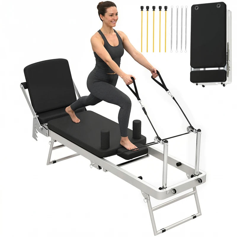 SPORTNOW Máquina Reformer Pilates Dobrável Sistema Híbrido 4 Molas e 5 Cordas Silencioso Aço 195x56x88 cm Branco