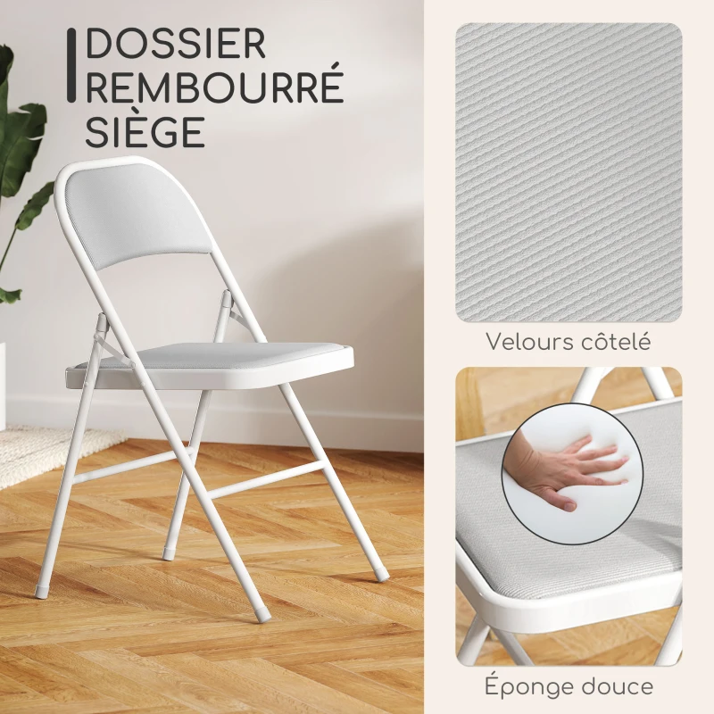 HOMCOM Lot de 4 chaises pliantes chaises de salle à manger portables cadre en acier 45 x 46 x 78 cm blanc