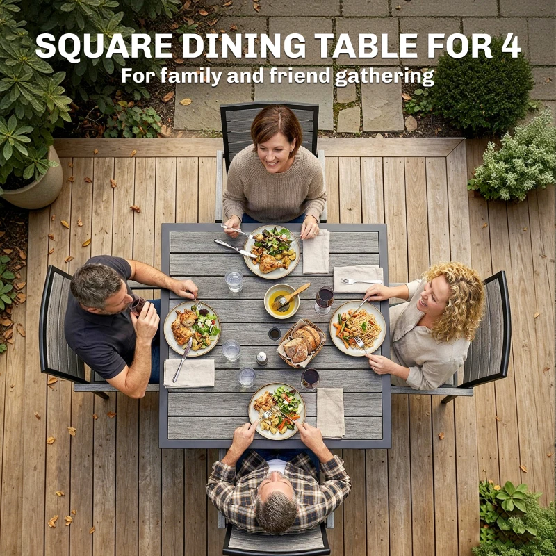 Outsunny Square Garden Dining Table with Parasol Hole, Slatted Top, Metal Frame, 86 x 86 x 71 cm, Light Grey