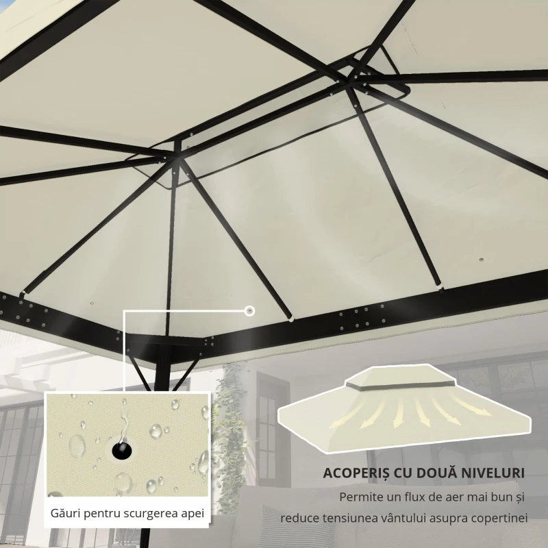 Outsunny Acoperire pentru Foișor de Grădină 3x4 m cu 2 Niveluri din Material Oxford 600D cu Orificii de Drenaj, Alb-Crem
