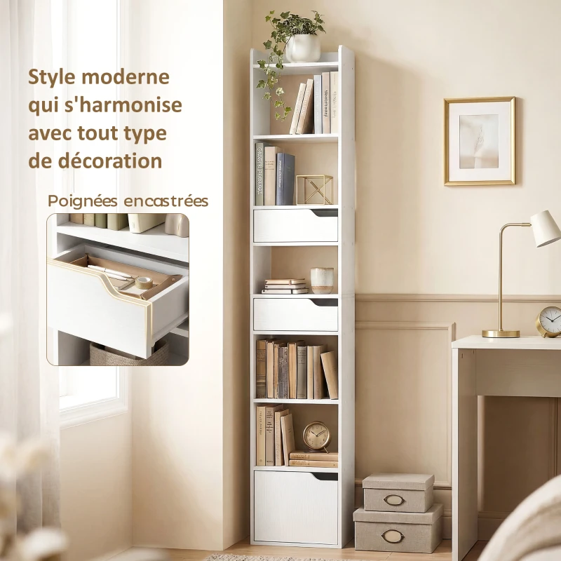 HOMCOM Bibliothèque étagère de rangement étroite, 32x24x181,5cm avec porte 2 tiroirs compartiments ouverts, blanc