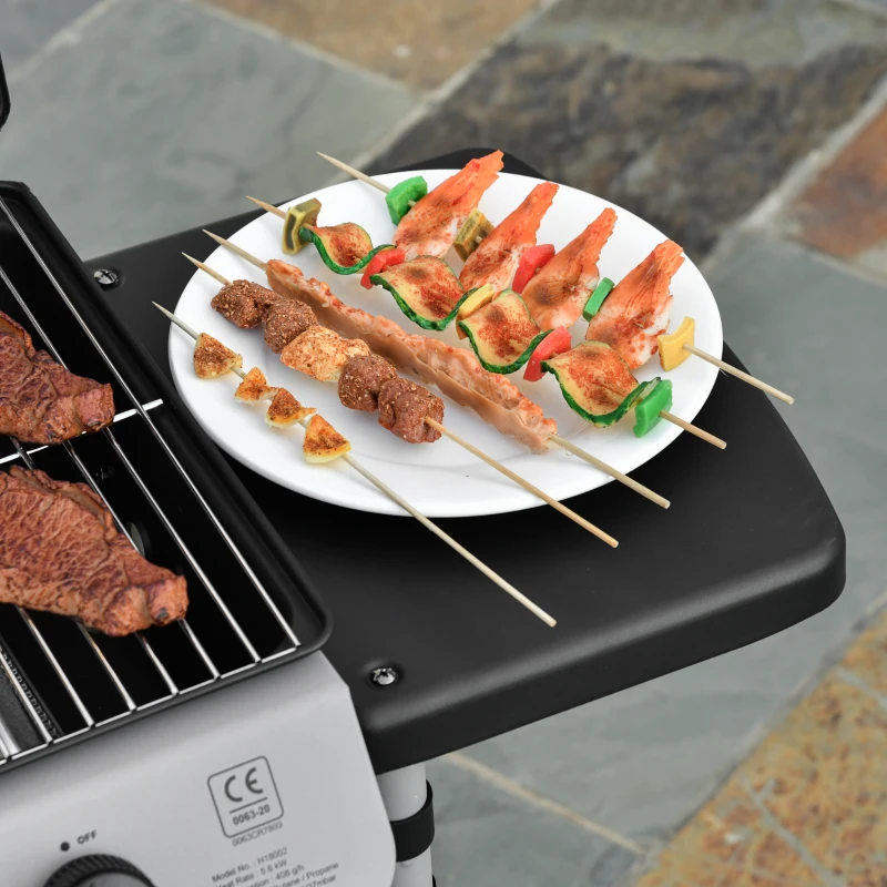 Outsunny Gratar pe gaz cu Capac si 2 Arzatoare cu o putere totala de 5,6 kW, Gratar din Otel cu Roti si Rafturi, 104x49x99cm Negru