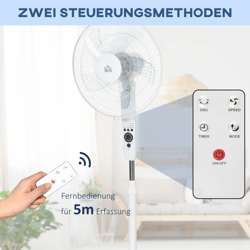 HOMCOM Standventilator Lüfter Fernbedienung Höhenverstellbar 3 Geschwindigkeitsstufen Metall, Weiß, Ø44,5 x H110-124 cm