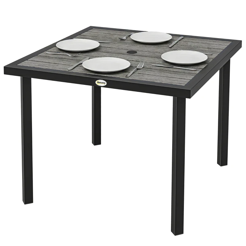 Outsunny Square Garden Dining Table with Parasol Hole, Slatted Top, Metal Frame, 86 x 86 x 71 cm, Light Grey