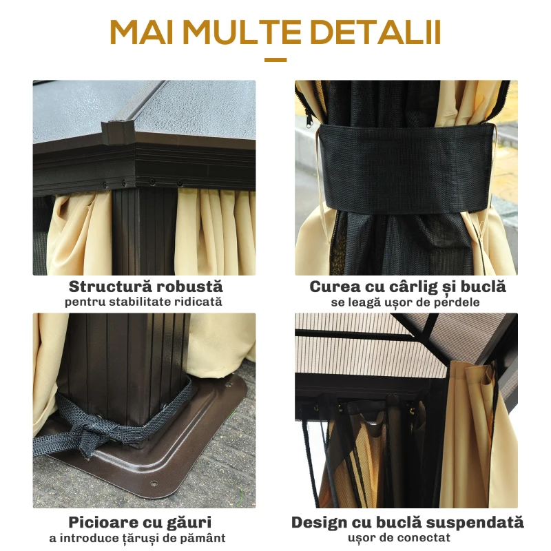 Outsunny Pavilion de grădină Hardtop 4.2 x 3.6 m, Draperii cu plasă împotriva insectelor, Structură din aluminiu, Maro+Crem