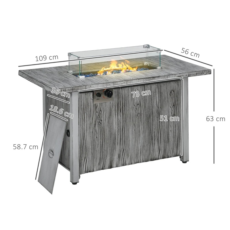 Outsunny 50,000 BTU Gas Fire Pit Table with Cover and Glass Screen - Grey