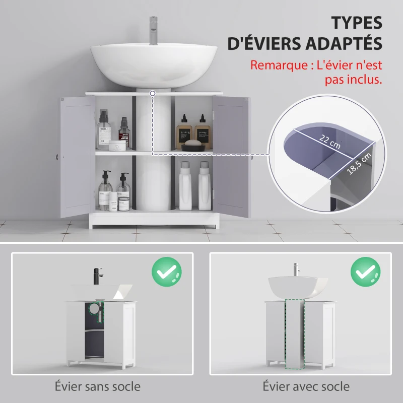 kleankin Meuble salle de bain sous lavabo - meuble sous-vasque - placard 2 portes avec étagère - dim. 60L x 30l x 60H cm - en bois gris blanc