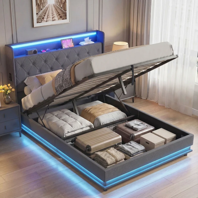 HOMCOM Lit coffre 140x190cm éclairage LED et station de charge cadre de lit double rembourré lin rangement hydraulique gris