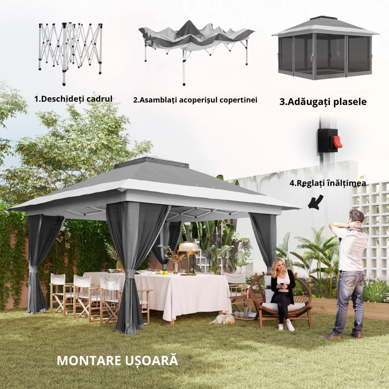 Outsunny Pavilion Pliabil 3,6x3,6m cu Pereți, Înălțime Reglabilă și Protecție UPF50+, Geantă cu Roți, Gri(m-7)