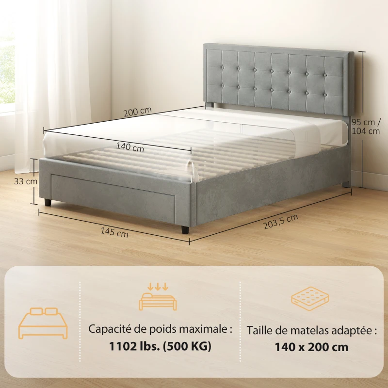 HOMCOM Cadre de lit double sommier coffre à vérins, tiroir à roulettes, tête de lit réglable capitonnée effet velours, gris