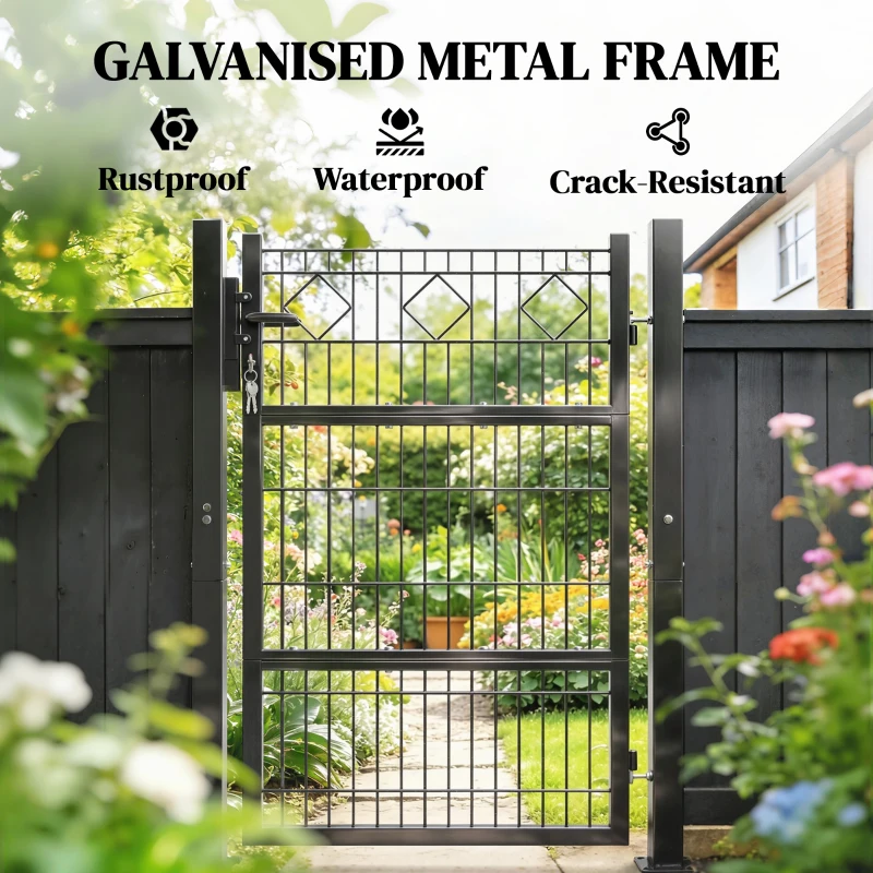 Outsunny Porta de Jardim 100x131 cm em Metal Galvanizado com Fechadura Chaves Maçaneta e 2 Postes Cinzento Escuro