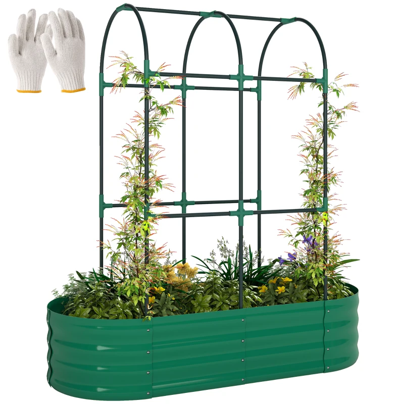 Outsunny Galvanised Raised Garden Bed with Arched Trellis, 4 x 2 x 4.6ft Metal Raised Bed for Garden with Open Bottom, Green