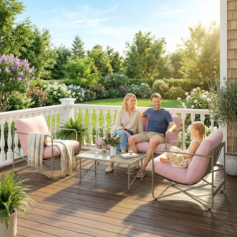 Outsunny Conjunto de Jardín Exterior de 4 Piezas con Sofá de 2 Plazas 2 Sillones Mesa de Vidrio Templado Cojines Gruesos Rosa