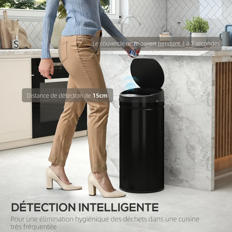 HOMCOM Poubelle cuisine automatique 42L acier inoxydable, poubelle à couvercle à fermeture en douceur, 30,5x30,5x68cm, noir