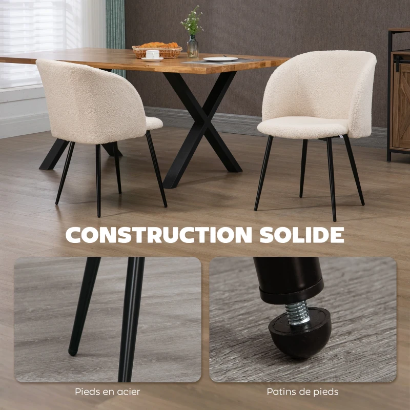 HOMCOM Lot de 2 chaises de salle à manger avec dossier en tissu effet laine boucleé pieds en acier 55 x 62 x 80 cm beige noir