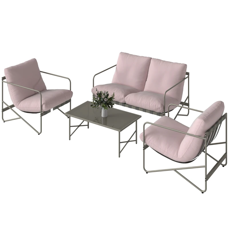 Outsunny Conjunto de Jardín Exterior de 4 Piezas con Sofá de 2 Plazas 2 Sillones Mesa de Vidrio Templado Cojines Gruesos Rosa