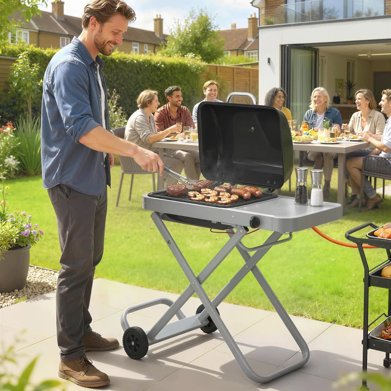 Outsunny Tragbarer Gasgrill 1-Brenner 2,5kW Grillwagen mit Faltbarem Rollwagen Grillrost Seitentisch Deckel Thermometer