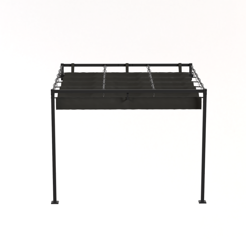 Outsunny Pergolă montată 3x3 m cu acoperiș retractabil glisant, guri de drenaj, pergolă de grădină din poliester și oțel, pentru terasă, curte, exterior, UV30+, Gri Închis