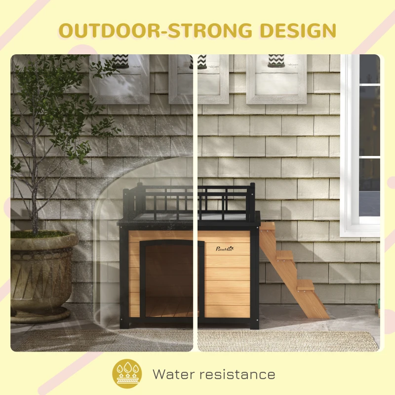 PawHut Domek dla psa z tarasem dachowym, odporny na warunki atmosferyczne, Drewno, 121x77x78cm, Czarny/Żółty