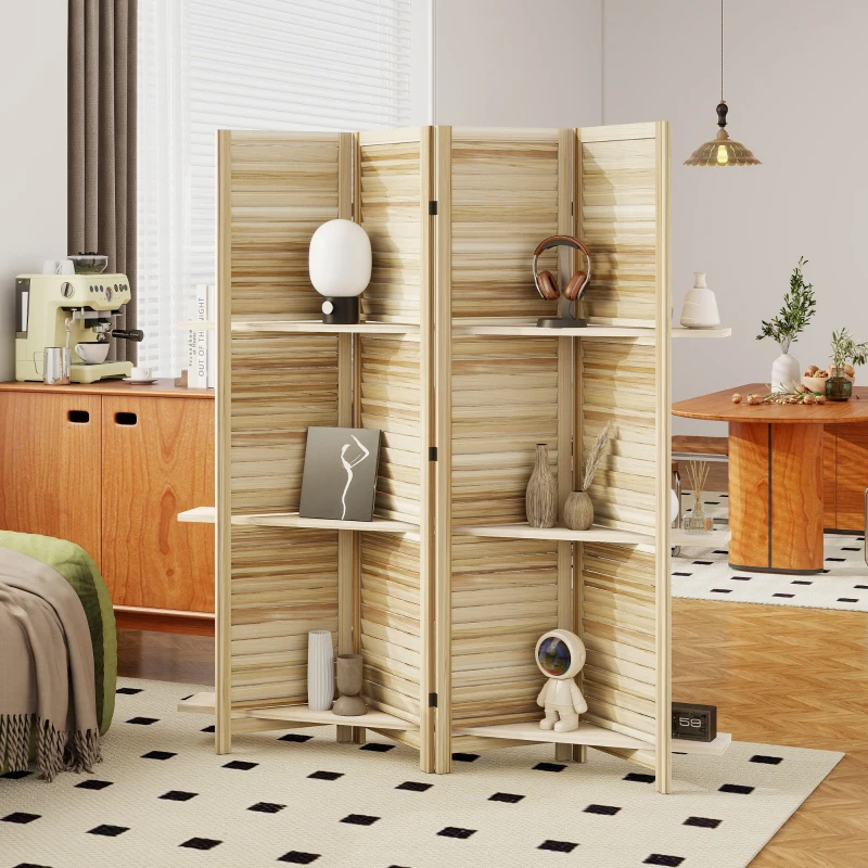 HOMCOM Paravent intérieur en bois 4 panneaux 160 x 170 cm, séparateur de pièce pliable avec 3 étagères, bois naturel