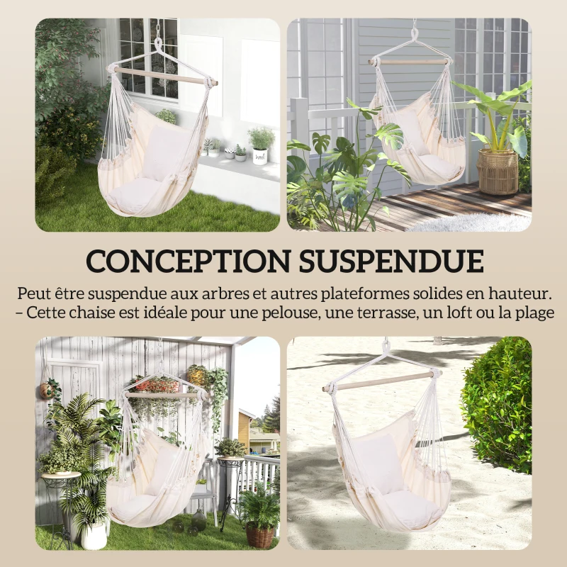 Outsunny Fauteuil suspendu extérieur chaise hamac avec 2 coussins, intérieur et extérieur, en tissu coton mélangé, crème