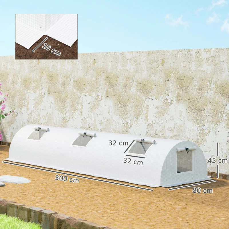 Outsunny Foliengewächshaus, Mini-Tunnelgewächshaus mit Netz-Fenster, UV-beständig, Kunststoff-Folie, 300 x 80 x 45 cm, Weiß